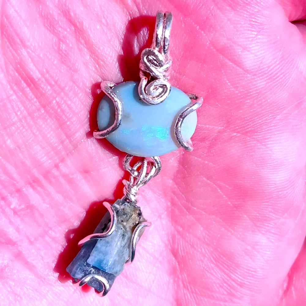 Australian Opal And Raw Aquamarine Pendant Sterling Silver - Picture 6 of 15